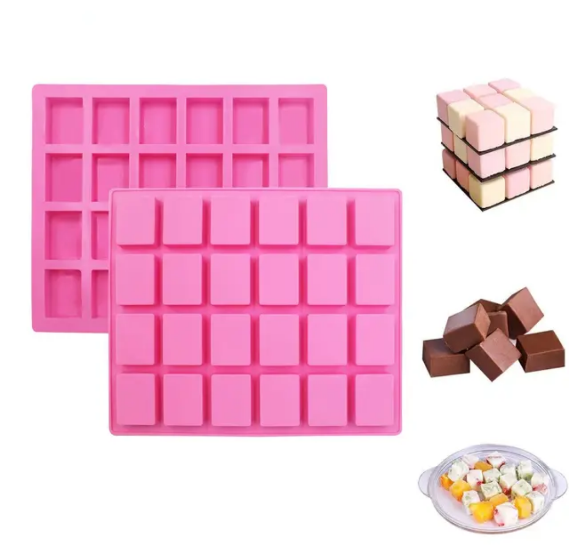 24-Cavity Square Silicone Chocolate Mold – Food-Grade, Non-Stick, Pink